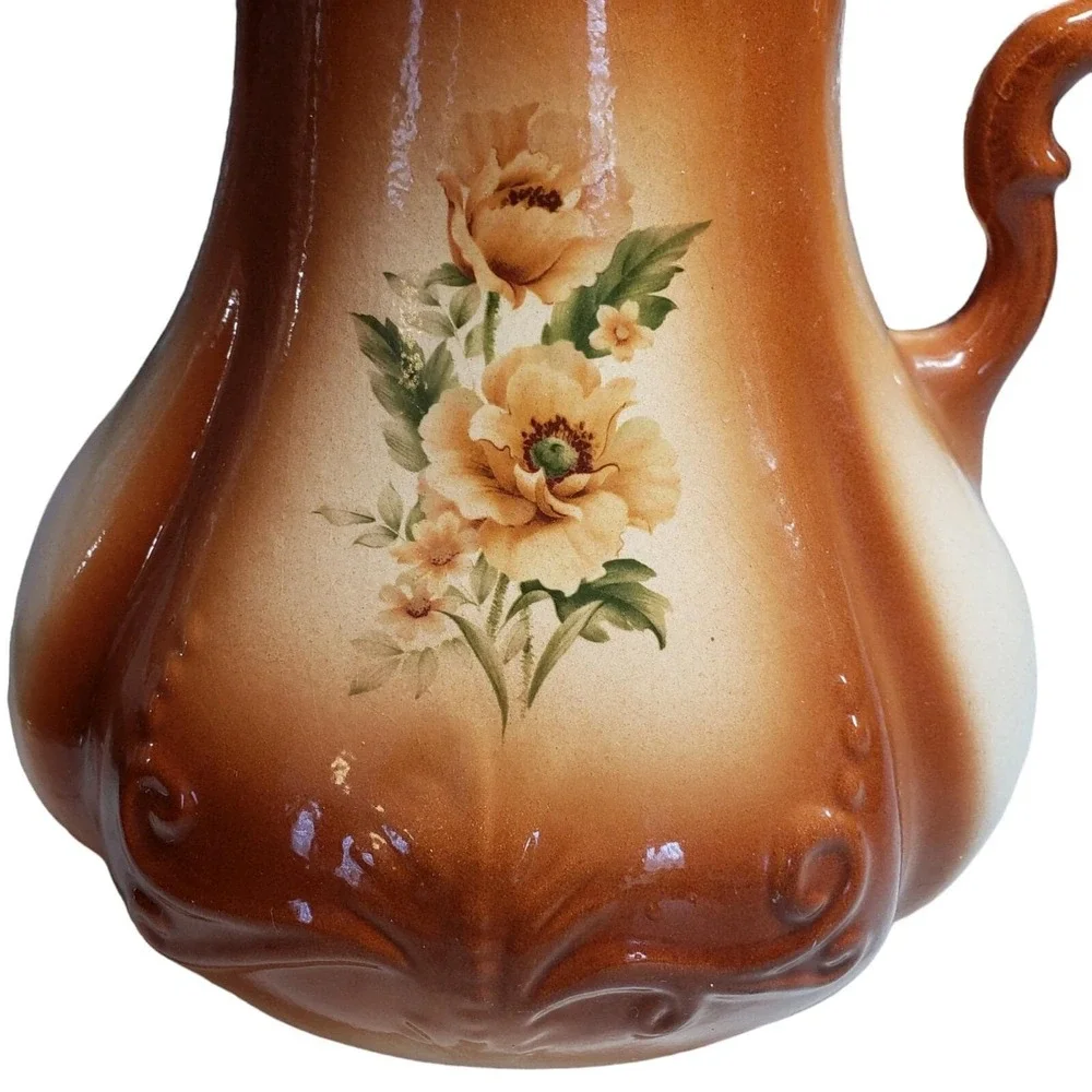 Antique Ironstone‎ USA Water Pitcher Copper Rust Ombre Floral